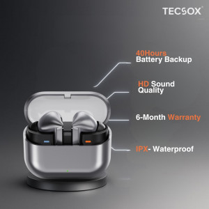 TecSox Audora Earbuds | 40Hr Playtime | Deep Bass | Bluetooth | IPX Water Resistant (Silver)- Pack of 5