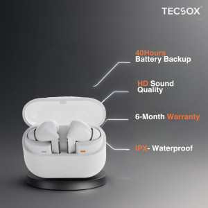 TecSox Audora | True Wireless Bluetooth Earbuds | 40Hr Battery | Deep Bass | IPX Rated (White)- Pack of 5