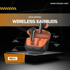 TecSox Pro 4 Wireless Earbuds| IPX | 30hrs Best Low Latency TWS| Bluetooth | Orange- Pack of 5