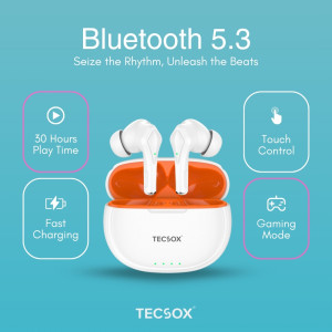 TecSox Neo231 Wireless Earbuds — Deep Bass, 30 Hr Playtime, Bluetooth 5.3, IPX4 Water-Resistant & Ergonomic Fit- Pack of 5