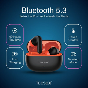 TecSox Wave Bluetooth Earbuds | 40 Hours Playtime | Deep Bass | IPX Water Resistant- Pack of 5