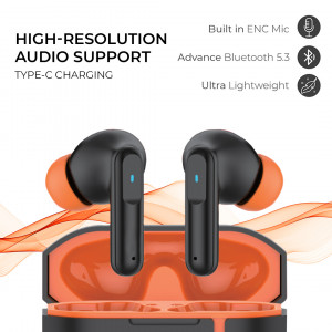 Tecsox Pro 1 Truly Wireless in Ear Earbuds with 30H Playtime,ENC Mic, 45ms Low Latency, 13mm Bass Drivers, Type-C Fast Charging, Made in India, Touch Controls, IPX5 ear buds TWS (Black)- Pack of 5