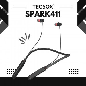 TecSox Spark 411 Bluetooth Neckband, 30 Hours Play Time, HD Mic & High Bass, 13mm Driver (Black)- Pack of 5