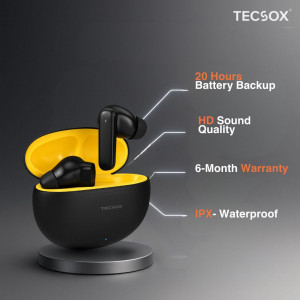 TecSox Pulse 611 BlackYellow | 12Hr Playtime | Deep Bass | Bluetooth Earbuds | IPX Water Resistant- Pack of 5