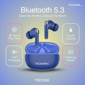 Tecmarx Roar Bluetooth Earbuds — Balanced Sound, 30 Hr Playback & IPX Water-Resistant Wireless Audio- Pack of 5